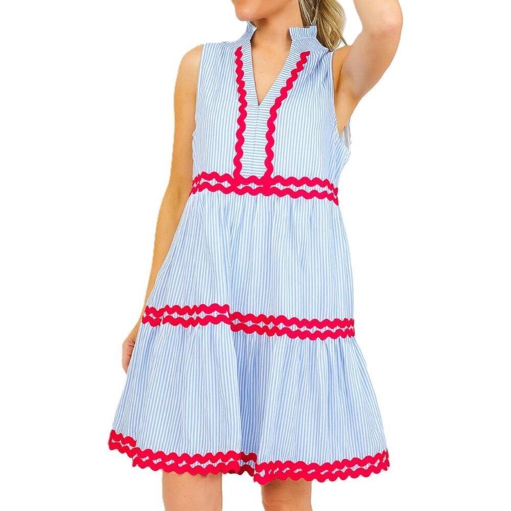 Women's Cotton Striped Ruffled Sleeveless A-Line Dress Medium - Picture 4 of 5